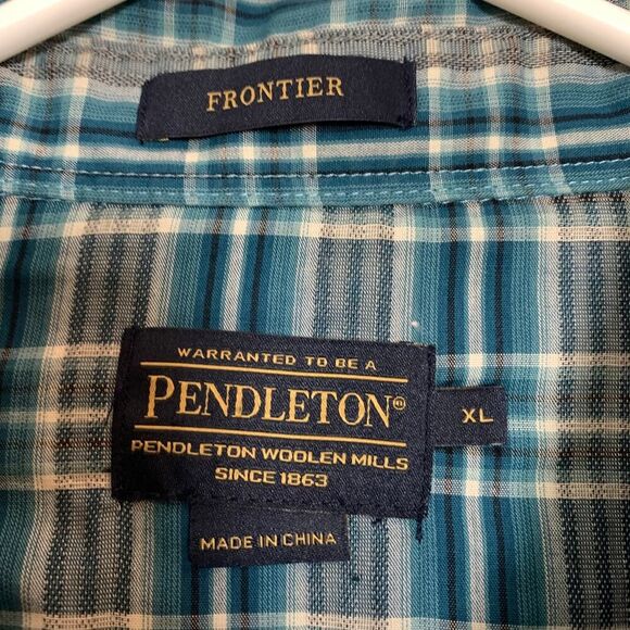 Pendleton Frontier Teal Blue Plaid Brown Pearl Snap Men's Size XL - Picture 2 of 7